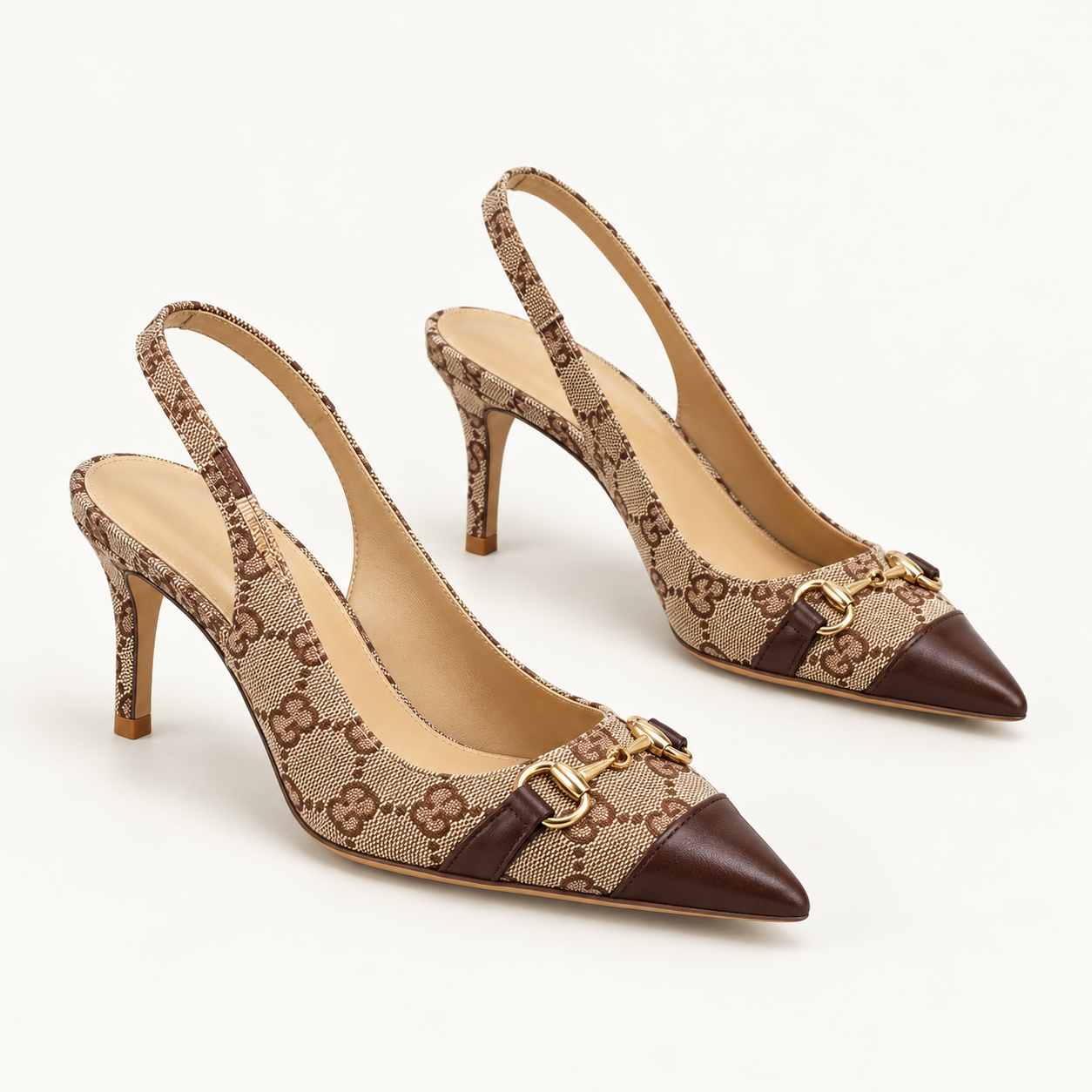 Horsebit Detail Pointed Toe Slingback Heels - Tan - variant image