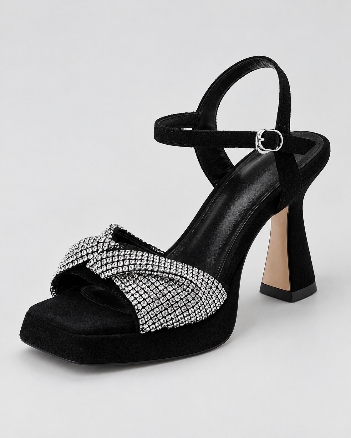 Rhinestone Ankle Strap Heeled Sandals - Black - product view 3