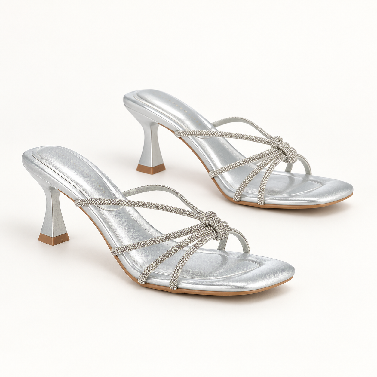 Rhinestone Strap Heeled Slide Sandals - Silver - variant image