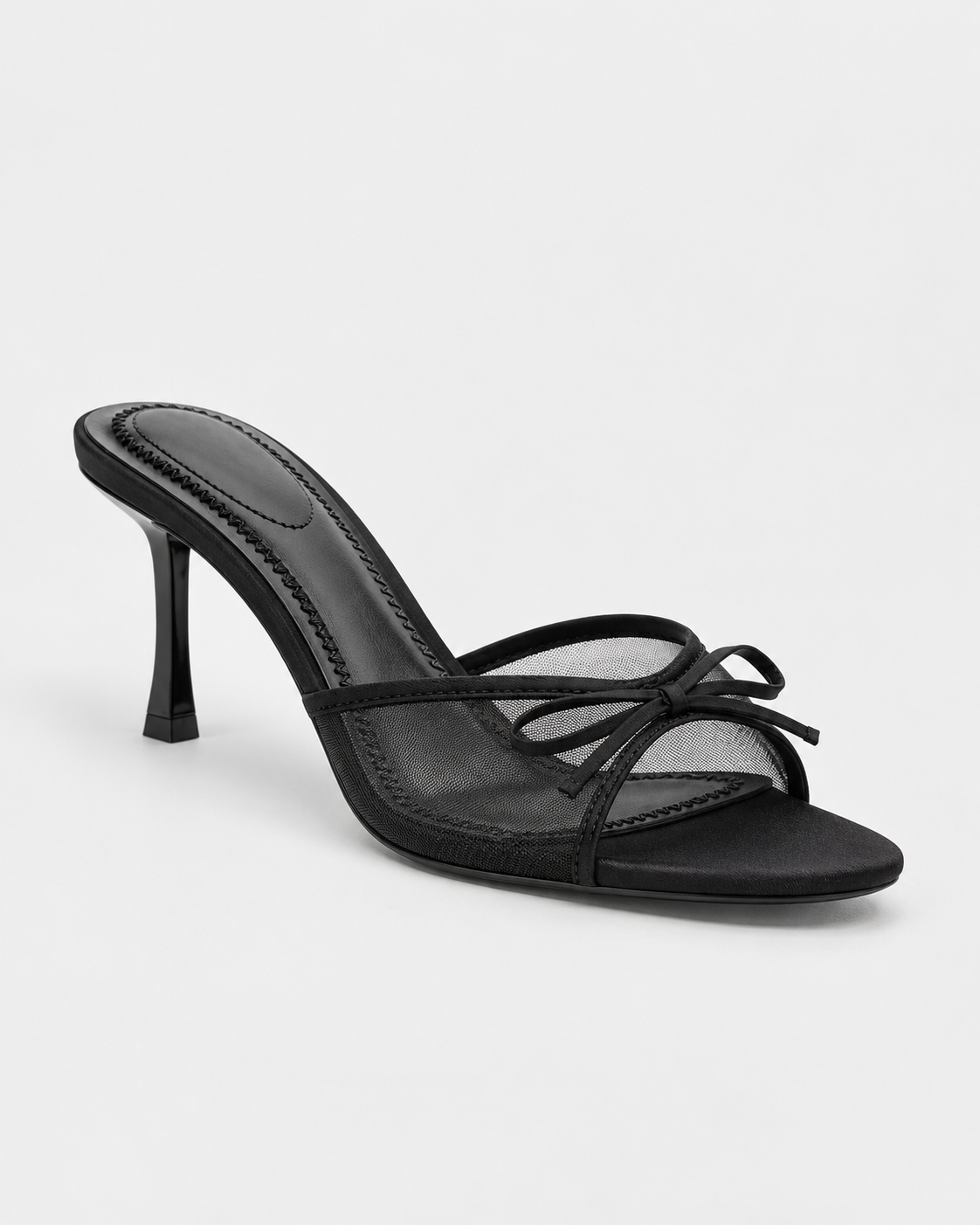 Bow Detail Mesh Heeled Mules - Black - product view 3