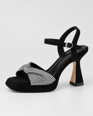 Rhinestone Ankle Strap Heeled Sandals - Black - product view 2