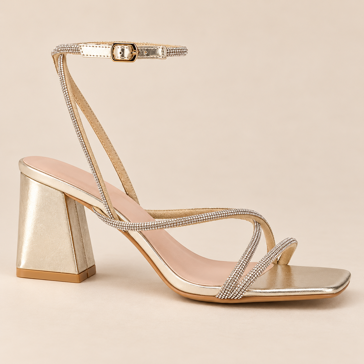 Metallic Multi Strap Block Heel Sandals - Gold - product view 1