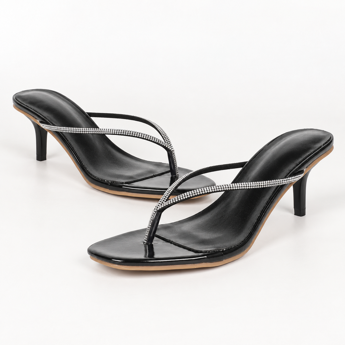 Rhinestone Thong Heel Mules - Black - variant image