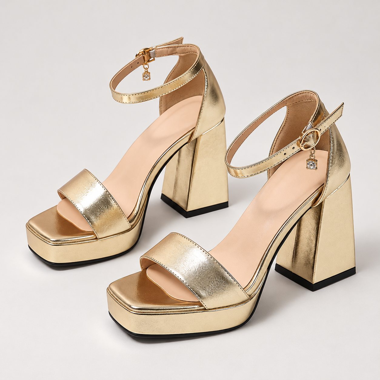 Metallic Ankle Strap Platform Block Heel Sandals - Gold - variant image