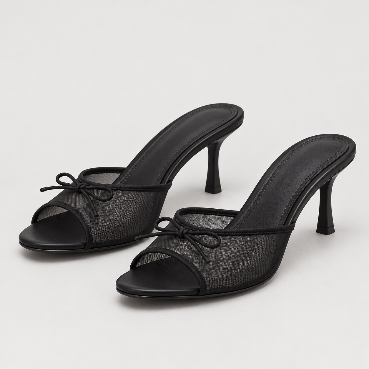 Bow Detail Mesh Heeled Mules - Black - variant image