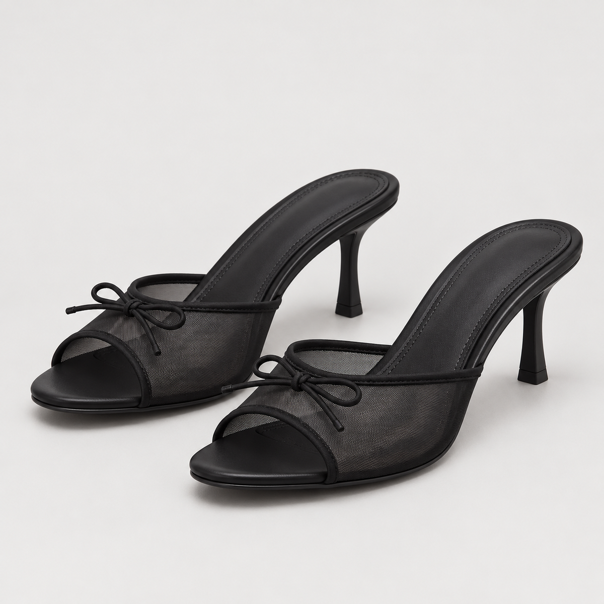 Bow Detail Mesh Heeled Mules - Black - variant image