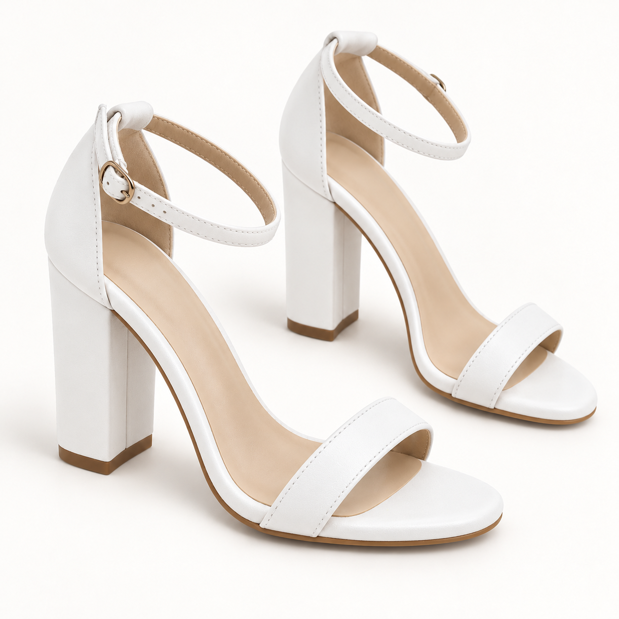 Ankle Strap Block Heel Sandals - White PU 402 - variant image