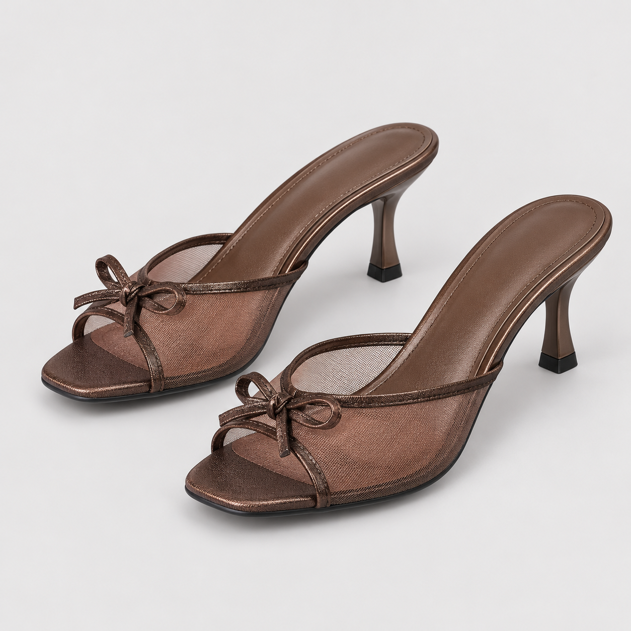 Bow Detail Mesh Heeled Mules - Brown - variant image