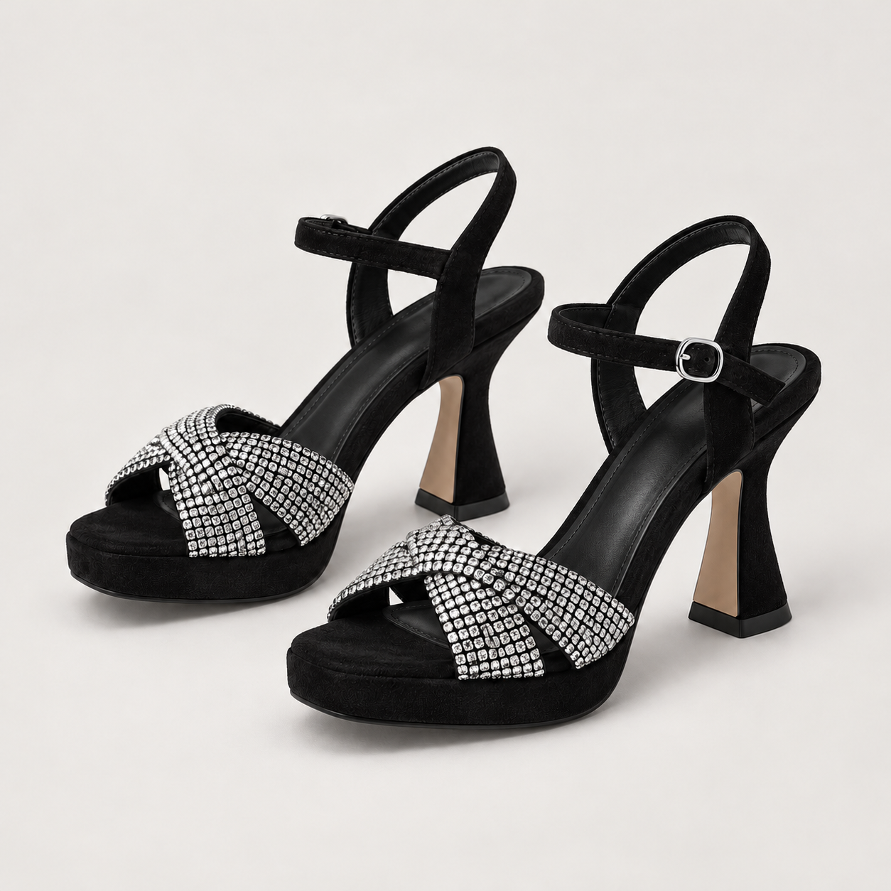 Rhinestone Ankle Strap Heeled Sandals - Black - variant image