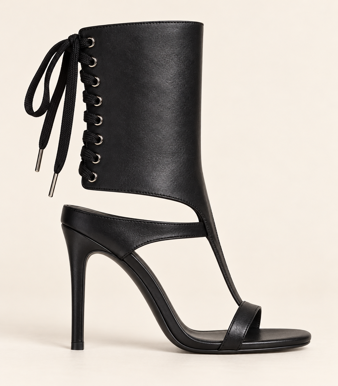Lace Up Open Toe Heeled Sandal Boots - Black - product view 2