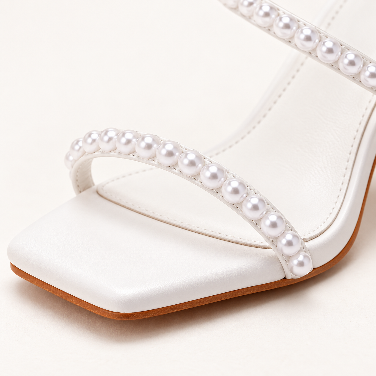 Pearl Detail Square Toe Heeled Mules - White - product view 5