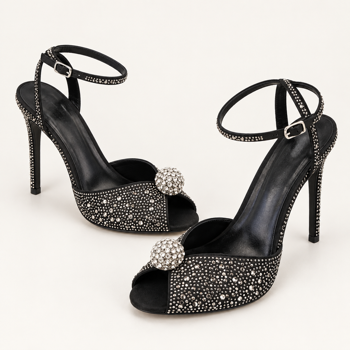Sparkling Double Strap Heeled Sandals - Black - variant image