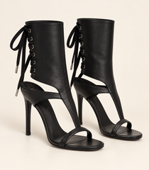 Lace Up Open Toe Heeled Sandal Boots - Black - product view 1