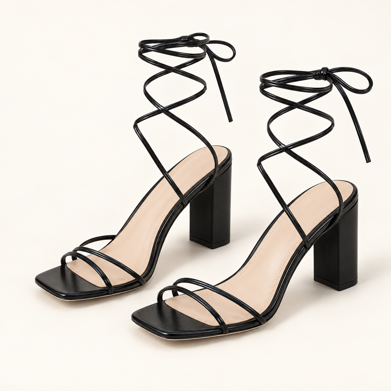 Cross Strap Lace Up Heel Sandals - Black - variant image