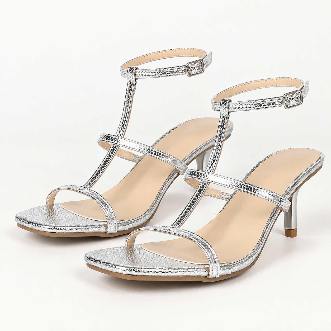 Metallic T Strap Heel Sandals - Silver - variant image