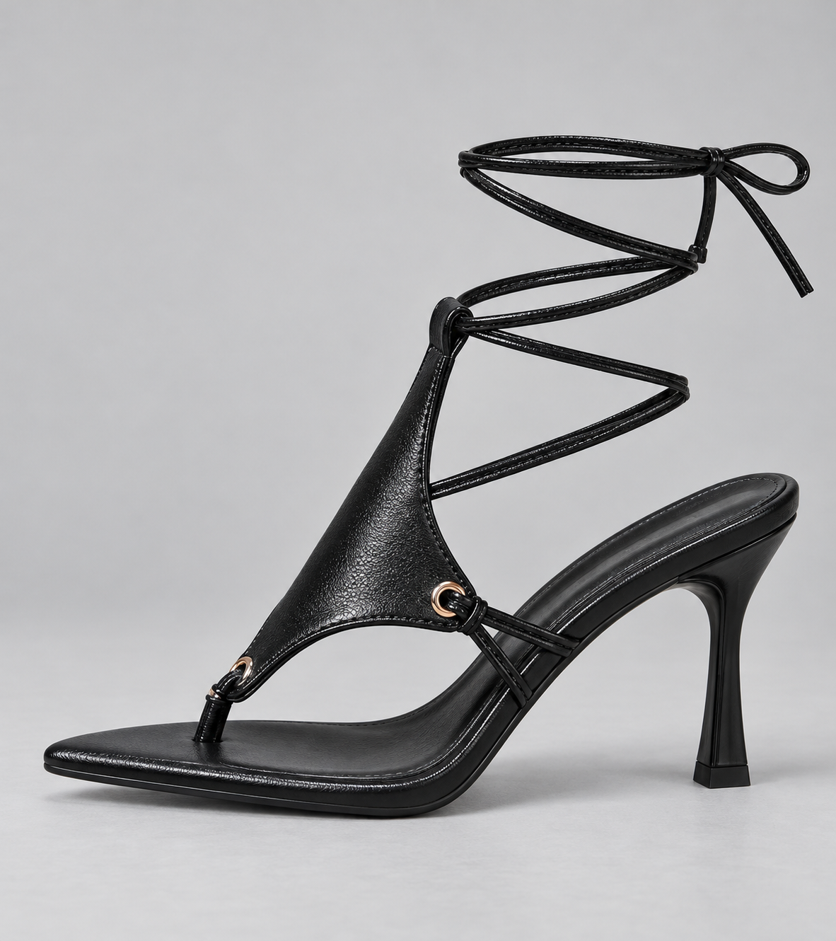 Cross Strap Lace Up Stiletto Sandals - Thong Straps Black (8 cm) - product view 2