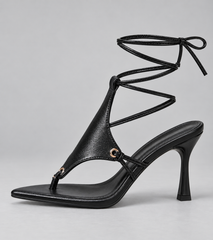 Cross Strap Lace Up Stiletto Sandals - Thong Straps Black (8 cm) - product view 2