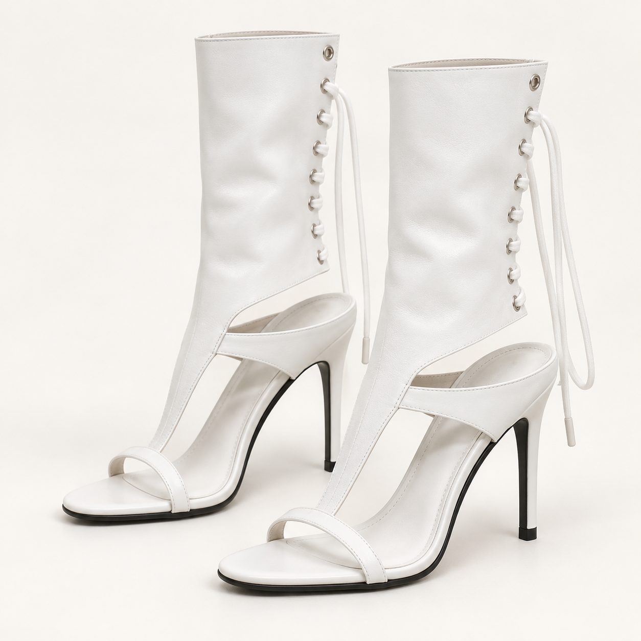 Lace Up Open Toe Heeled Sandal Boots - White - variant image