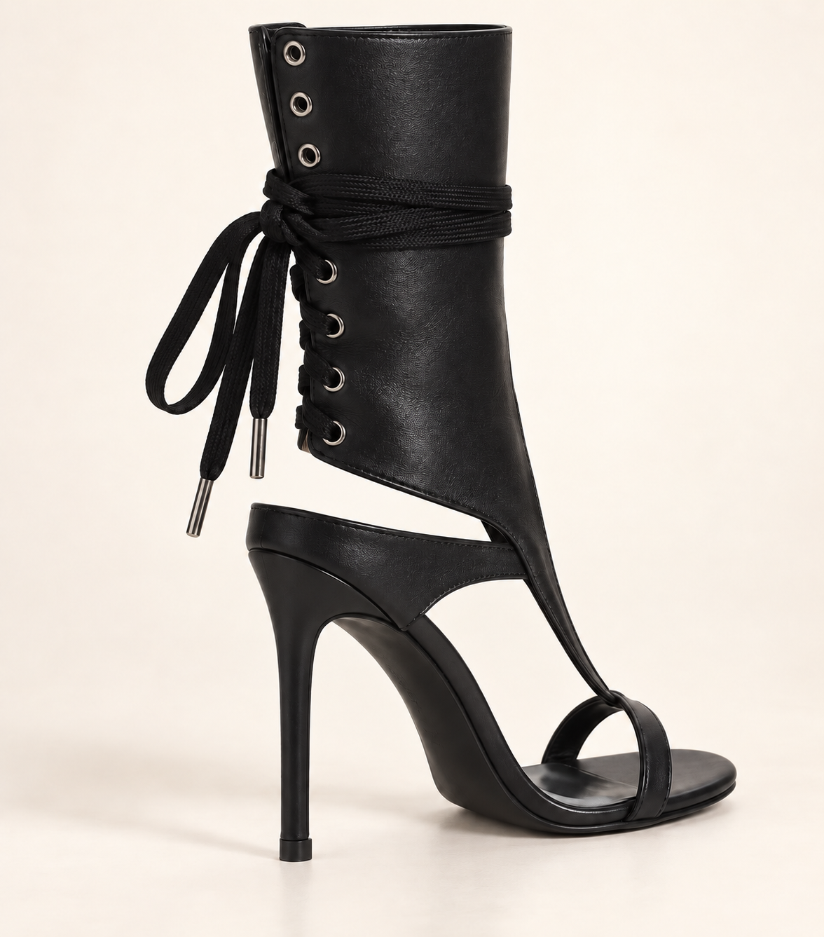 Lace Up Open Toe Heeled Sandal Boots - Black - product view 4