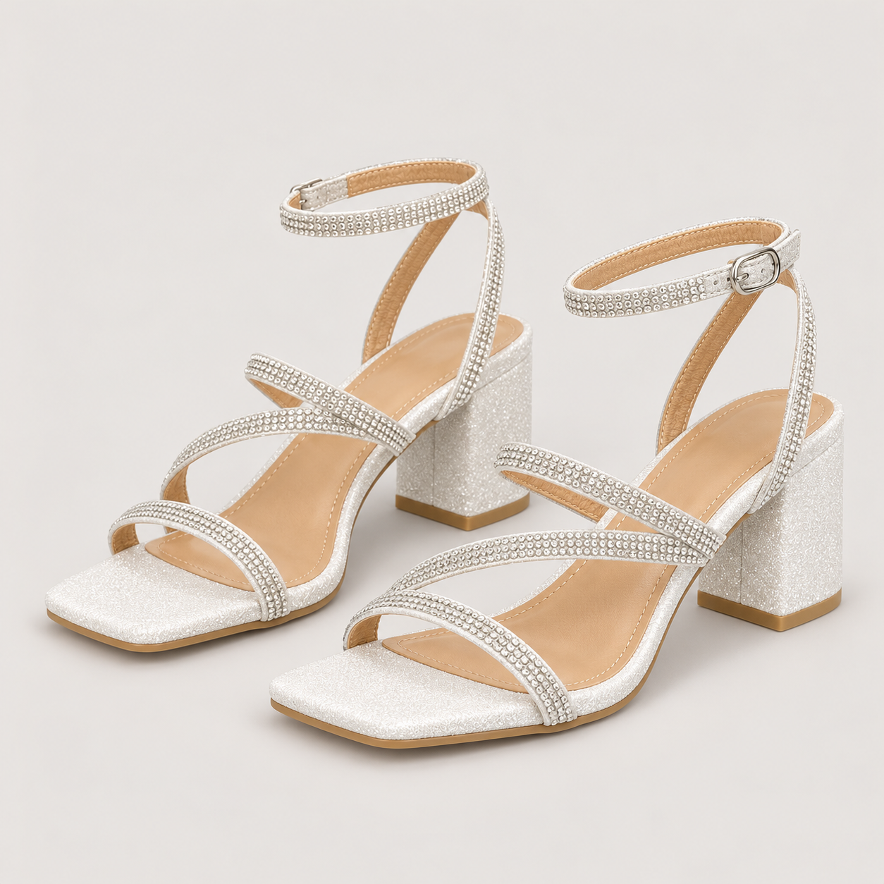 Slim Strap Open Toe Heeled Sandals - White Glittery - variant image