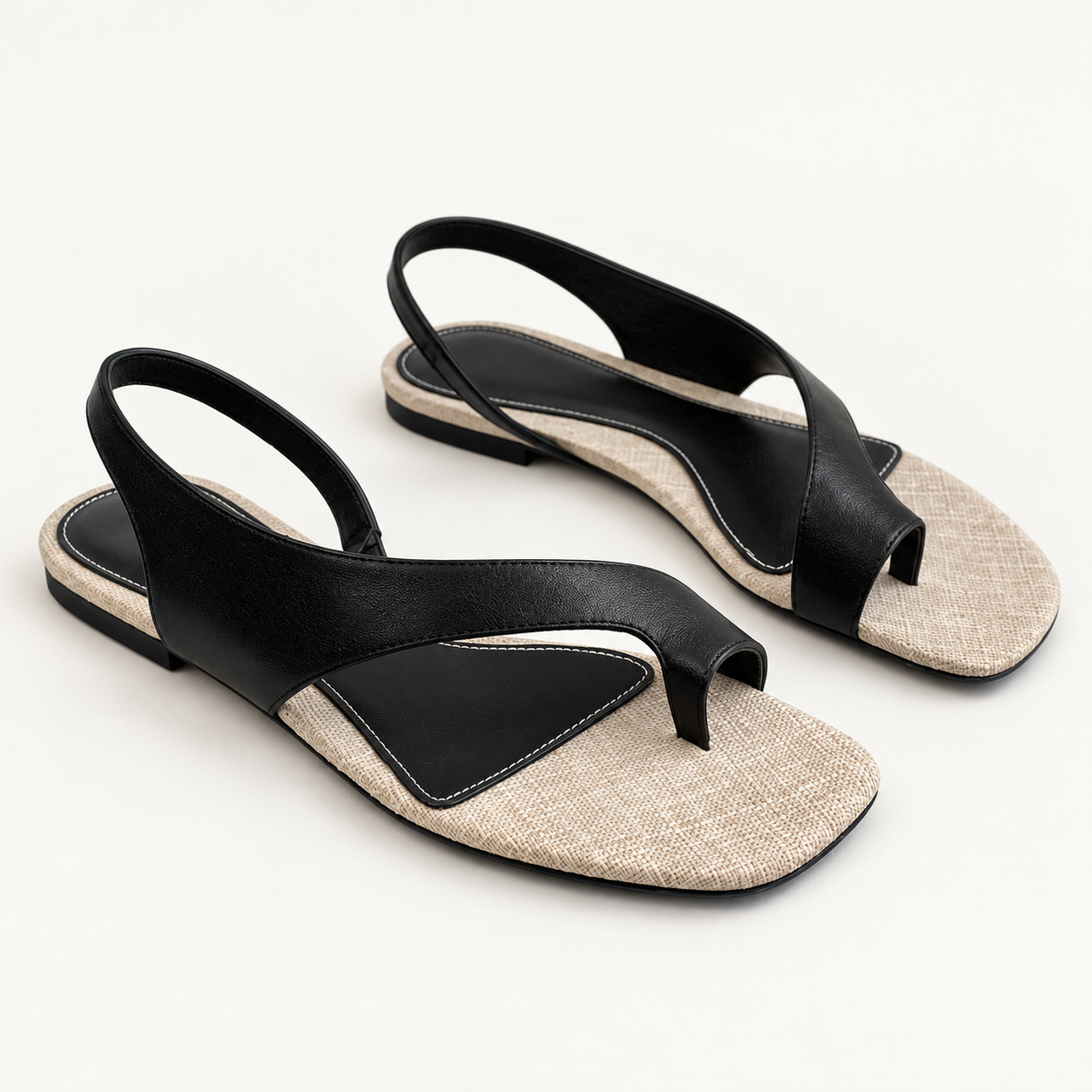 Asymmetric Thong Slide Sandals - Black Sand- Flat - variant image